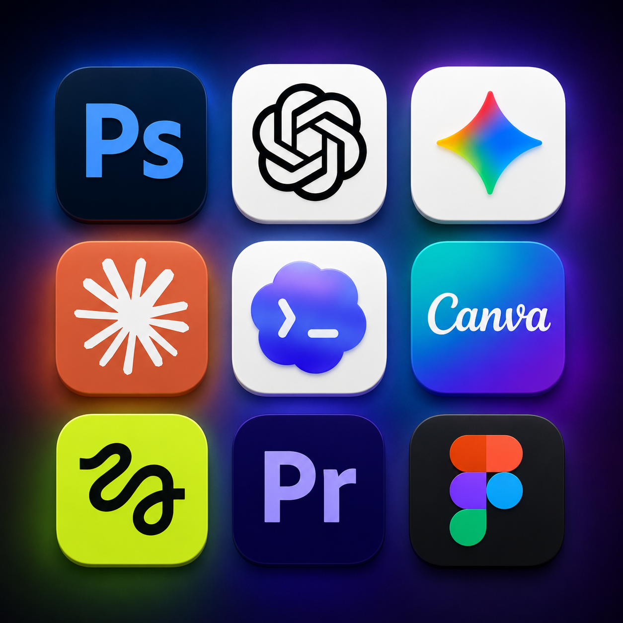AI and creative tools — Photoshop, ChatGPT, Gemini, Claude, Canva, Premiere Pro, Figma and more
